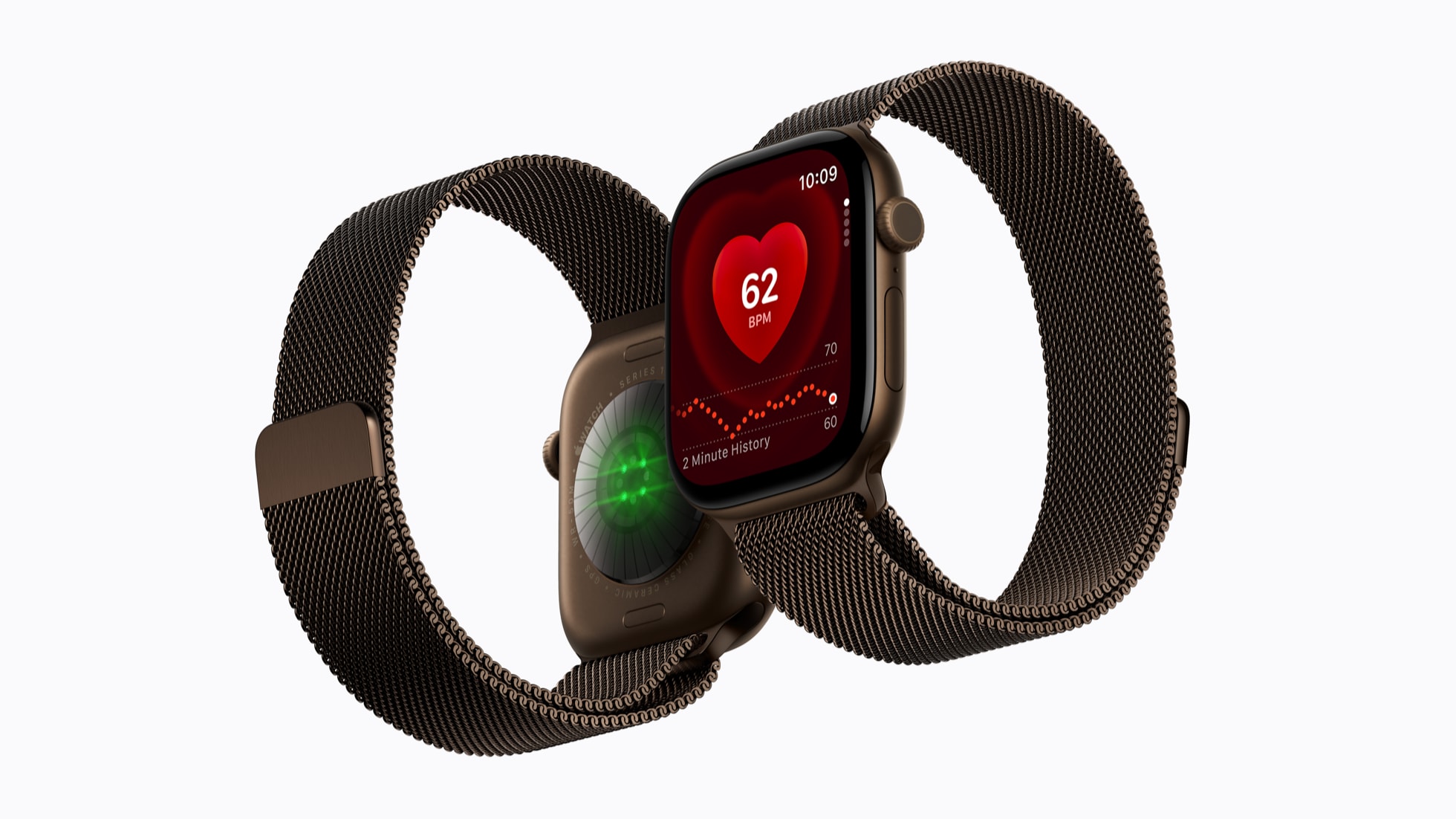 Oficjalne zdjęcia prasowe Apple: Apple Watch Series 12 z paskiem Milanese Loop oraz zmodernizowany spód z sensorami zdrowotnymi